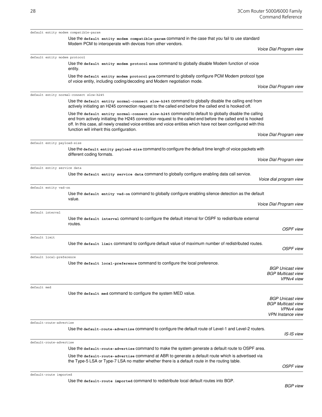 3Com manual 283Com Router 5000/6000 Family Command Reference, BGP Unicast view BGP Multicast view VPNv4 view 