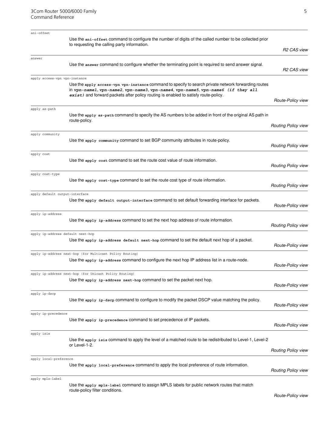 3Com 5000/6000 manual Route-Policy view, Routing Policy view 