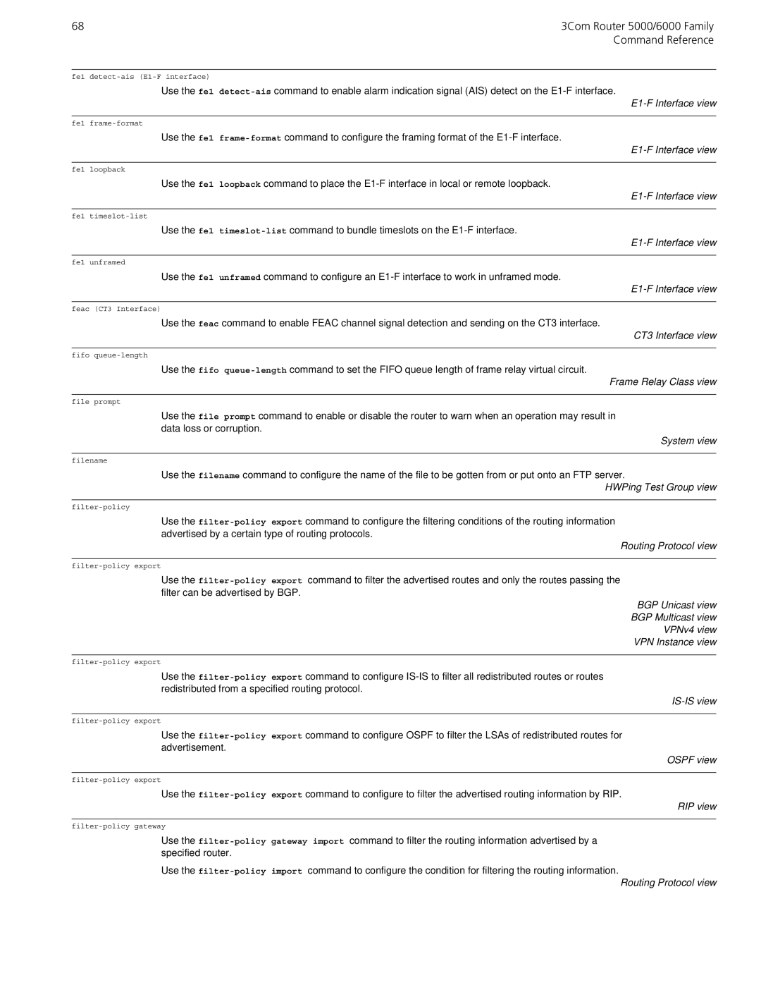 3Com 5000/6000 manual CT3 Interface view, Routing Protocol view 