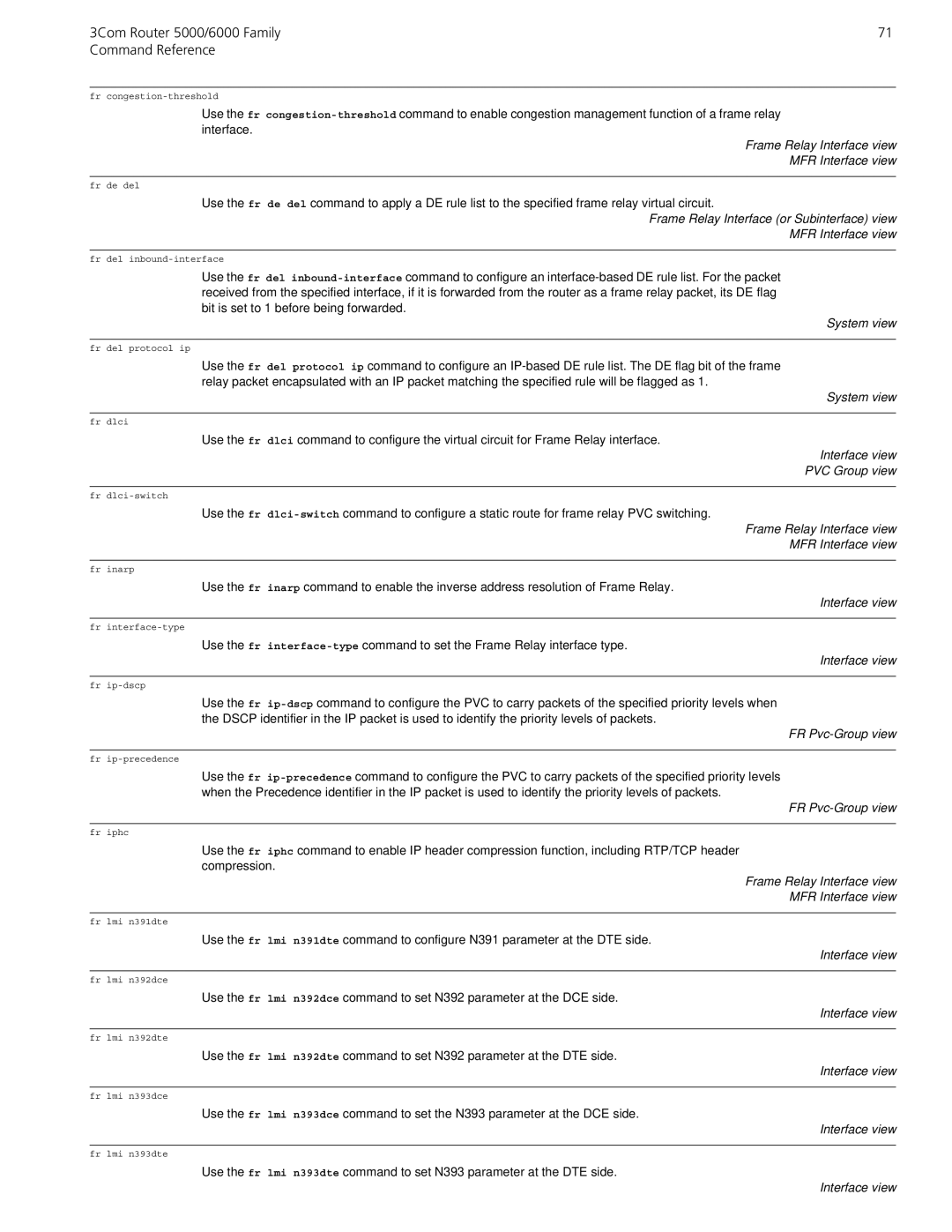 3Com 5000/6000 manual Frame Relay Interface view MFR Interface view, Interface view PVC Group view 