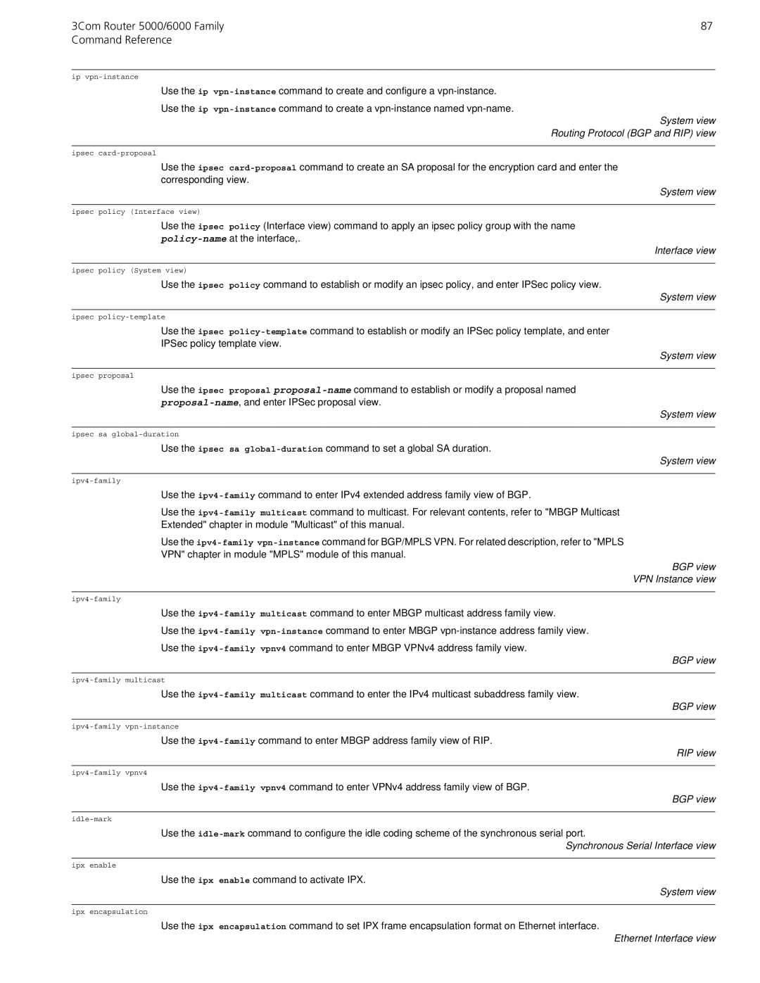 3Com 5000/6000 manual BGP view VPN Instance view 