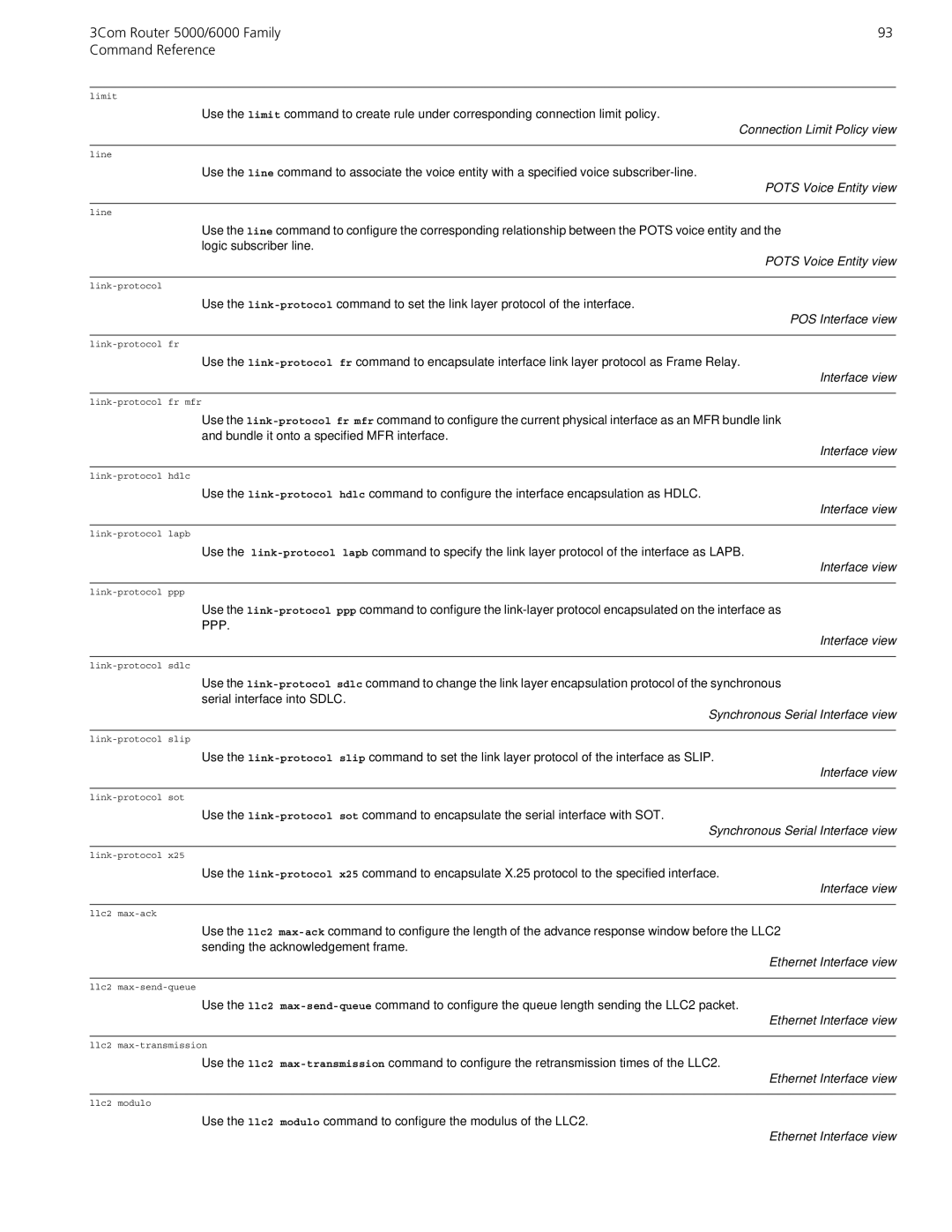 3Com 5000/6000 manual Connection Limit Policy view, Pots Voice Entity view 