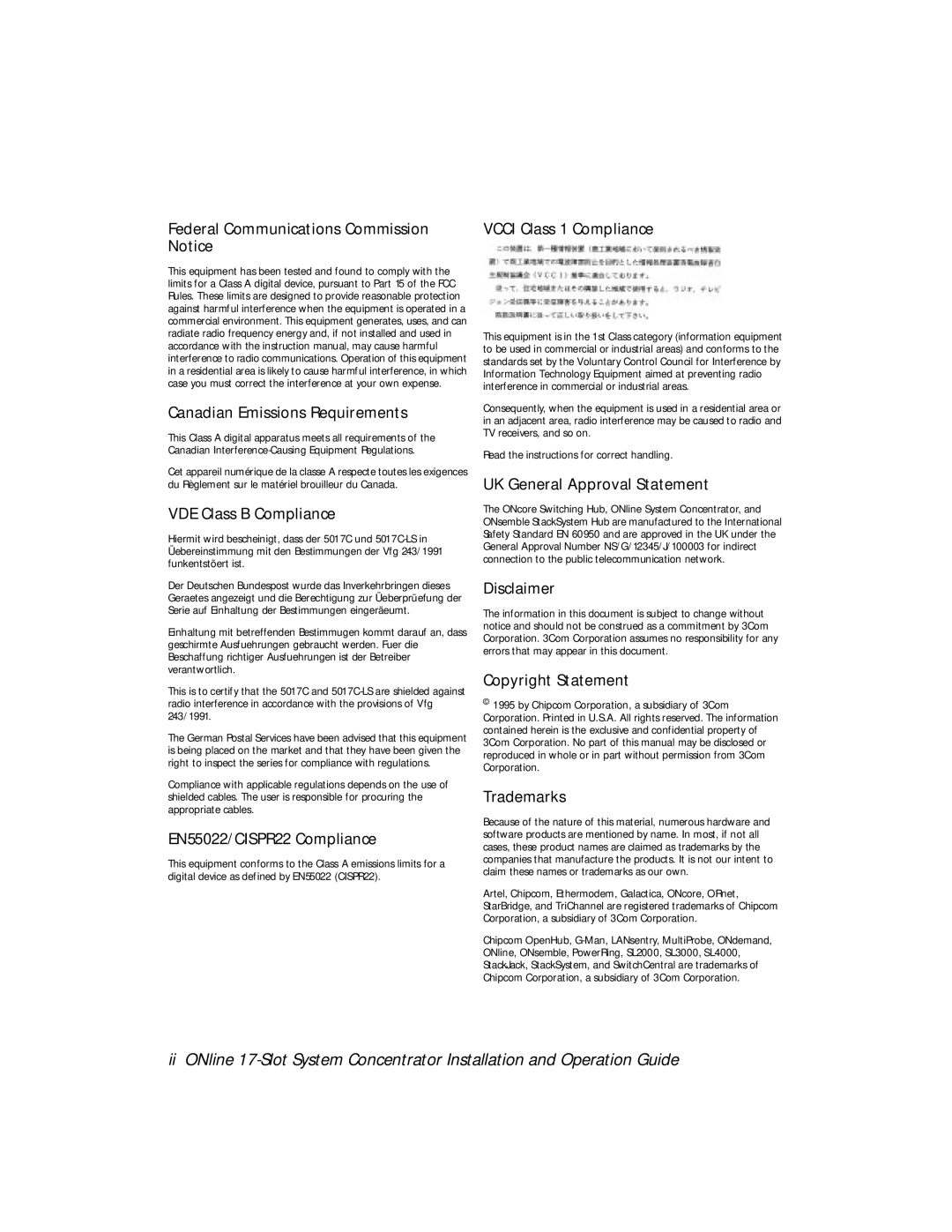 3Com 5017C with load sharing, 5017C-LS installation and operation guide VDE Class B Compliance 