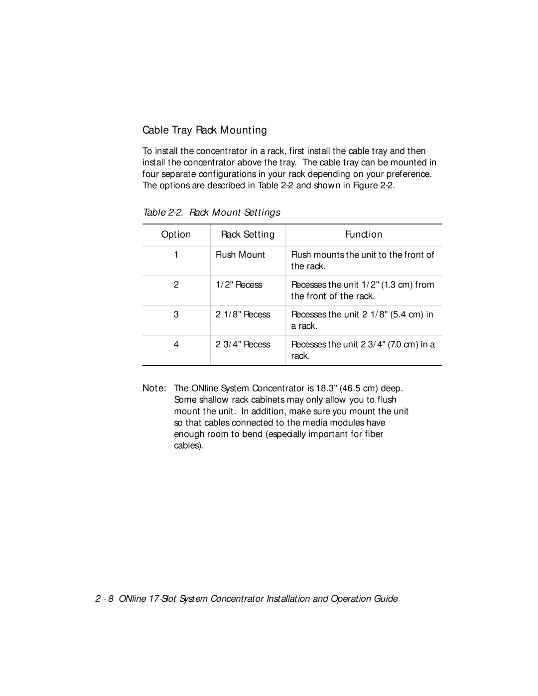 3Com 5017C with load sharing, 5017C-LS installation and operation guide Cable Tray Rack Mounting, Rack Mount Settings 