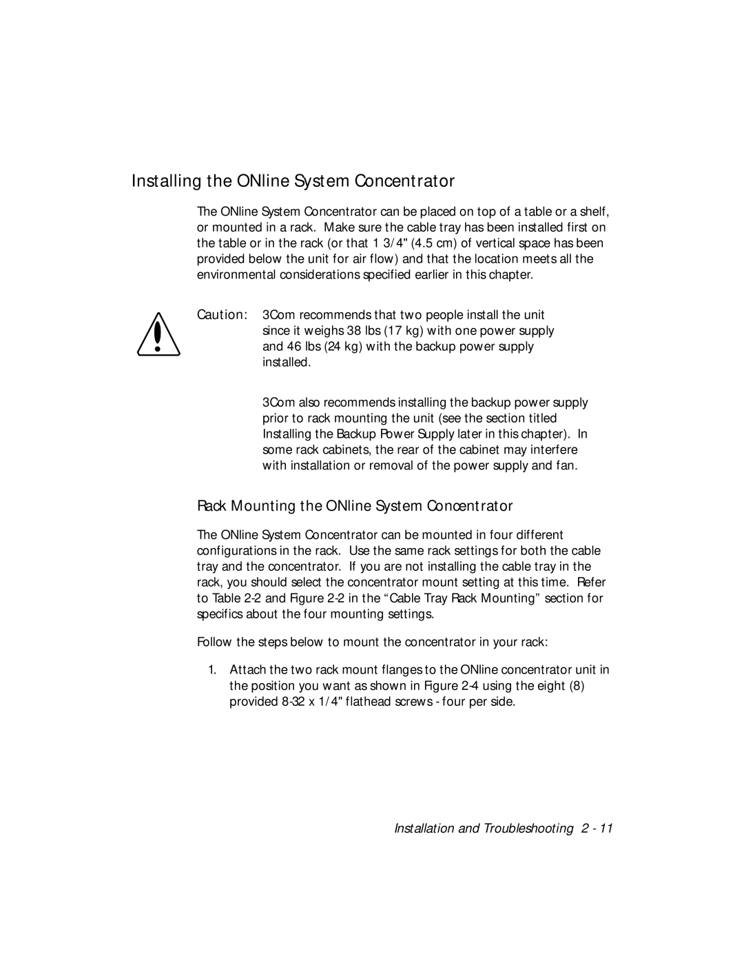 3Com 5017C with load sharing Installing the ONline System Concentrator, Rack Mounting the ONline System Concentrator 