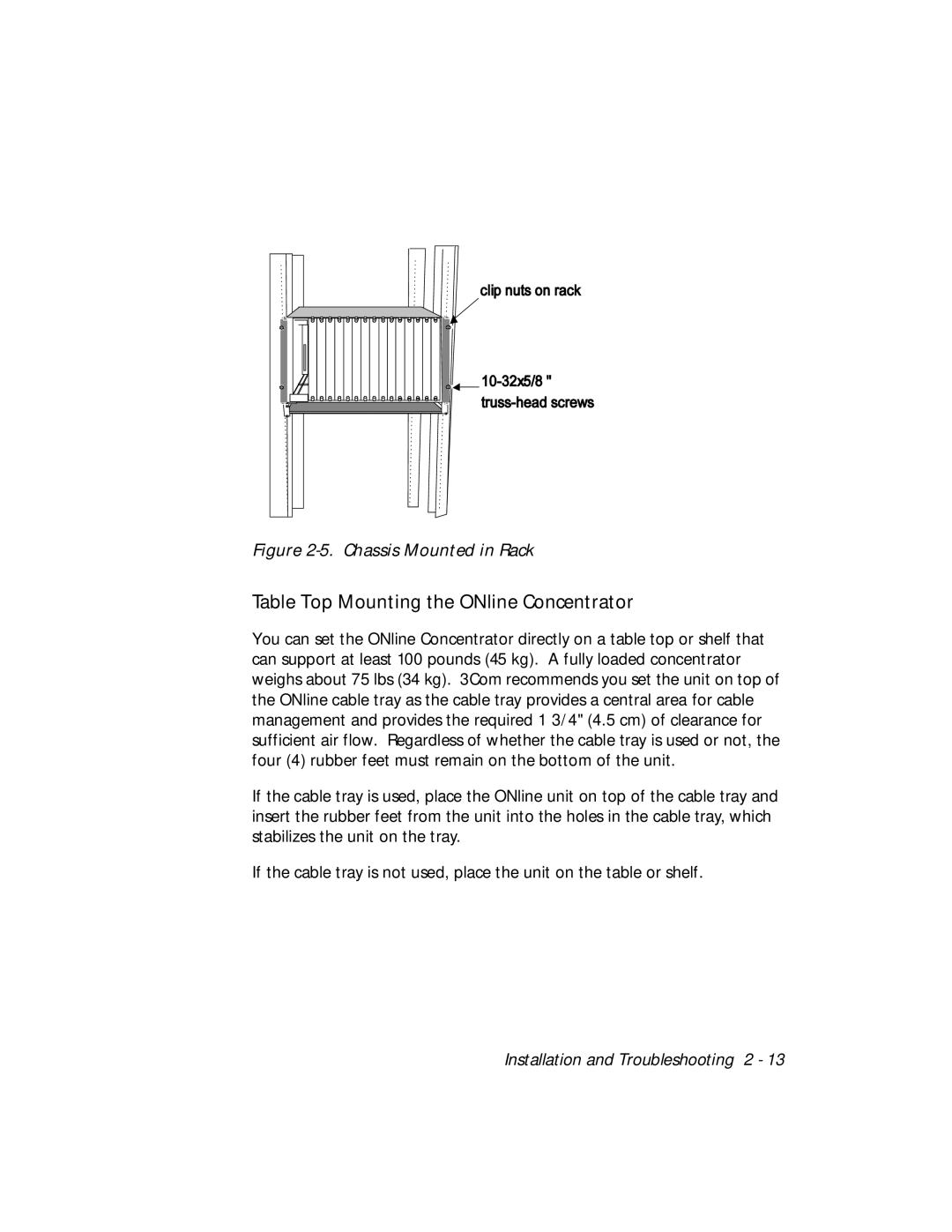 3Com 5017C-LS, 5017C with load sharing Table Top Mounting the ONline Concentrator, Chassis Mounted in Rack 