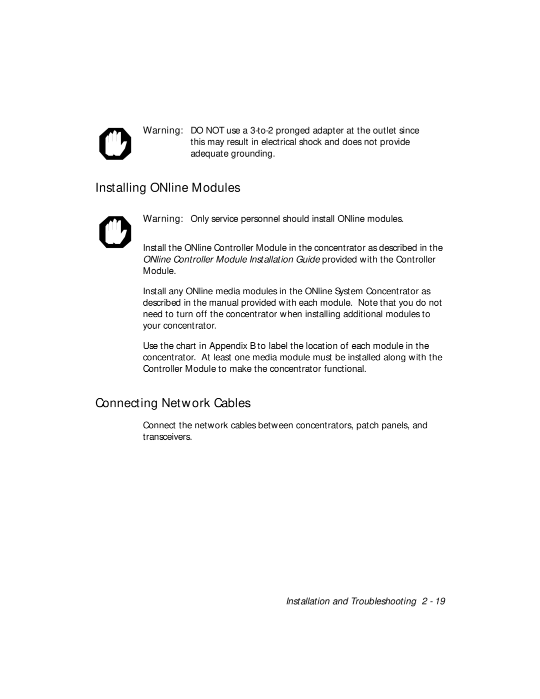 3Com 5017C-LS, 5017C with load sharing installation and operation guide Installing ONline Modules, Connecting Network Cables 