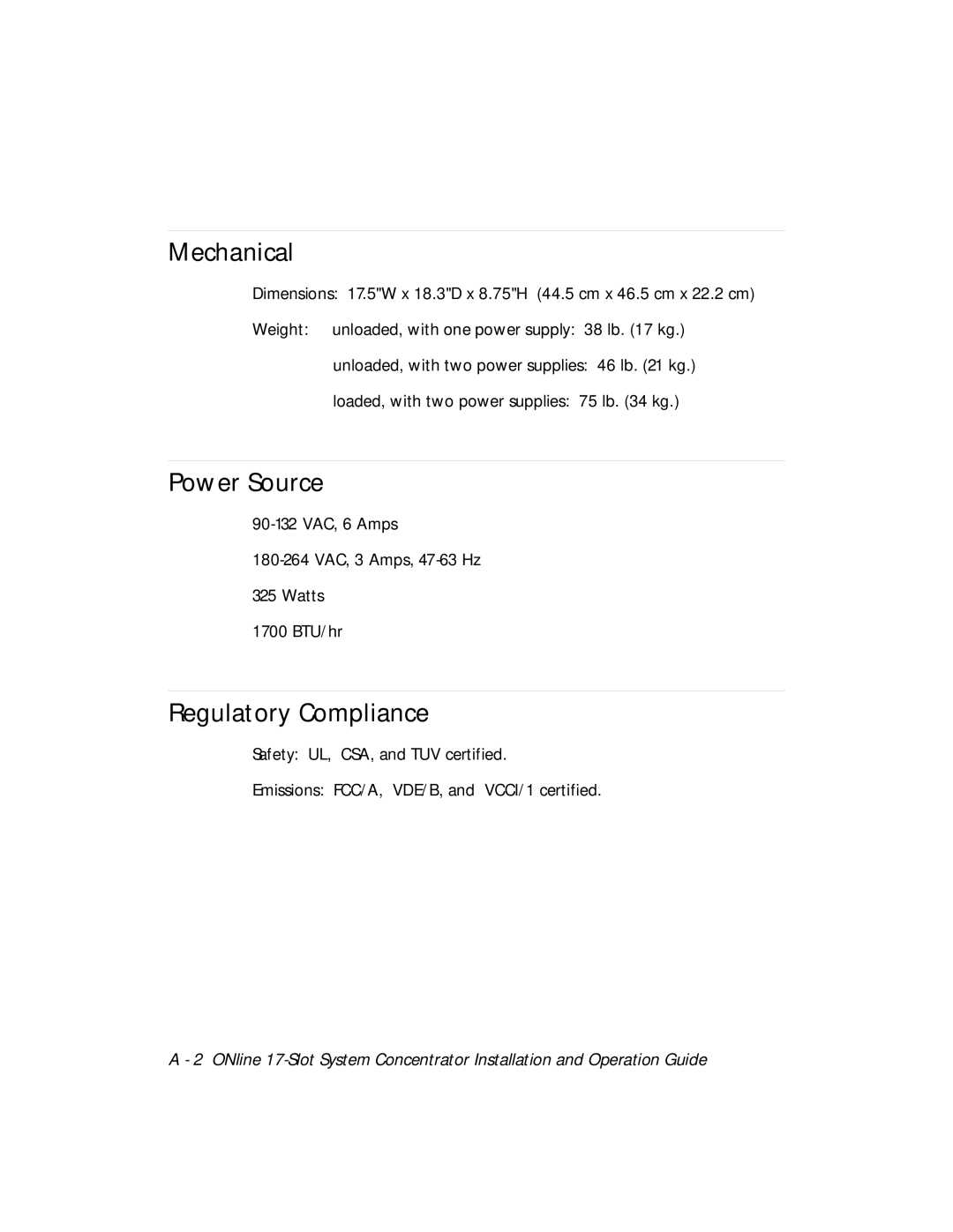 3Com 5017C with load sharing, 5017C-LS installation and operation guide Mechanical, Power Source, Regulatory Compliance 