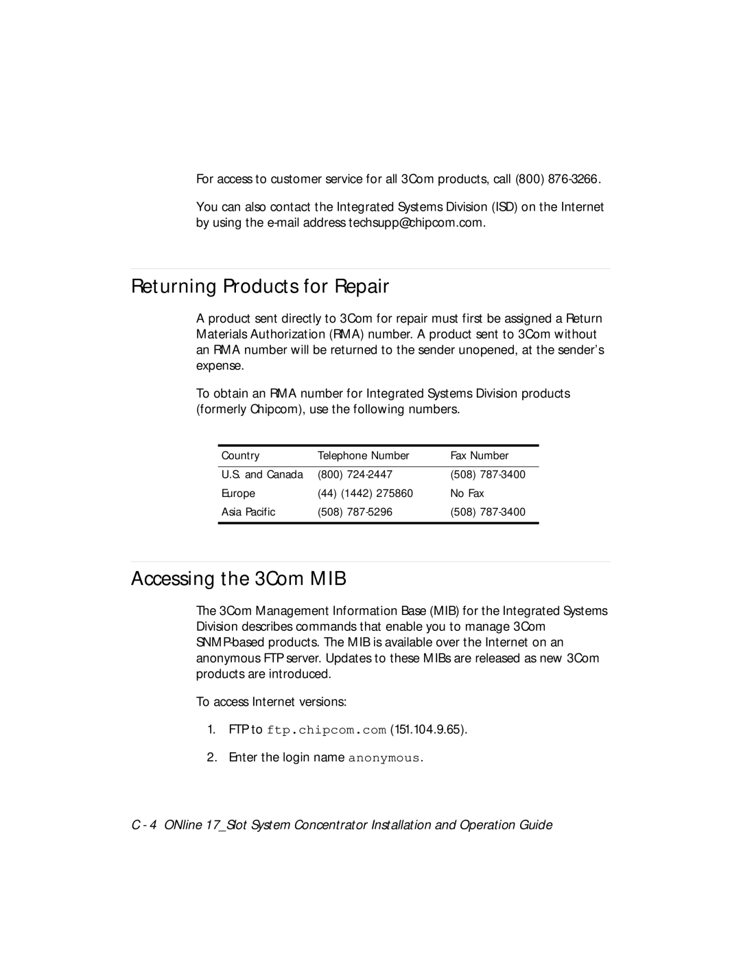 3Com 5017C-LS, 5017C with load sharing Returning Products for Repair, Accessing the 3Com MIB 