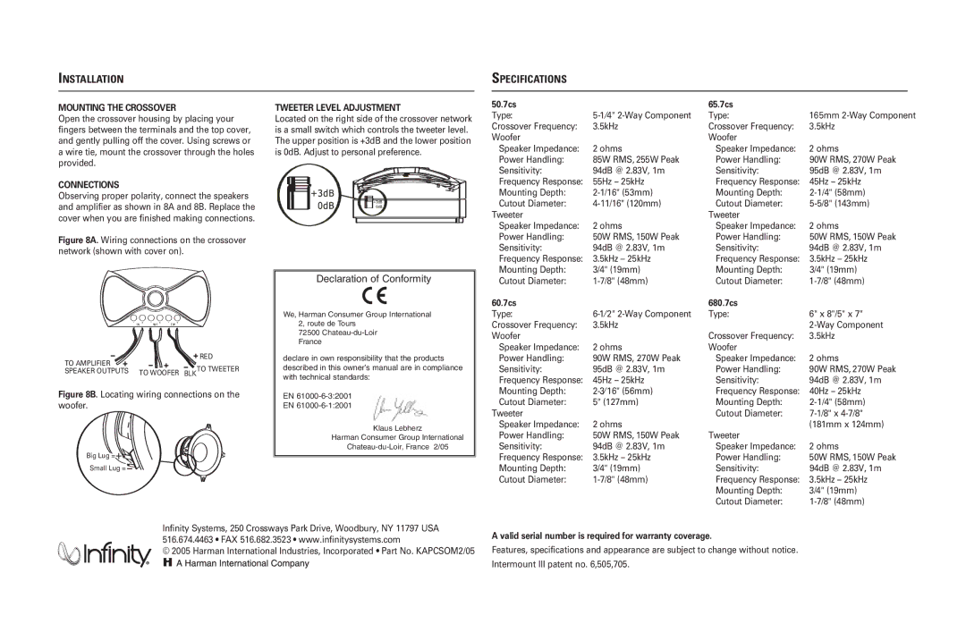 3Com 50.7cs, 60.7cs, 680.7cs Installation Specifications, Mounting the Crossover, Connections, Tweeter Level Adjustment 