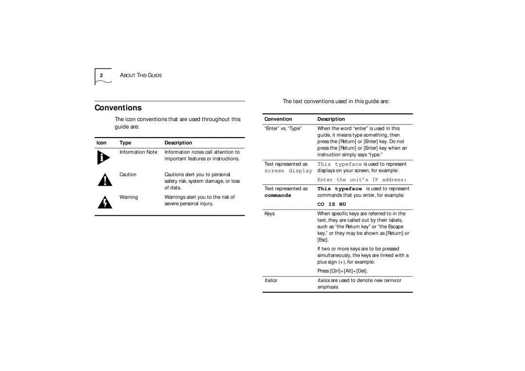 3Com 510 Conventions, Icon conventions that are used throughout this guide are, Text conventions used in this guide are 