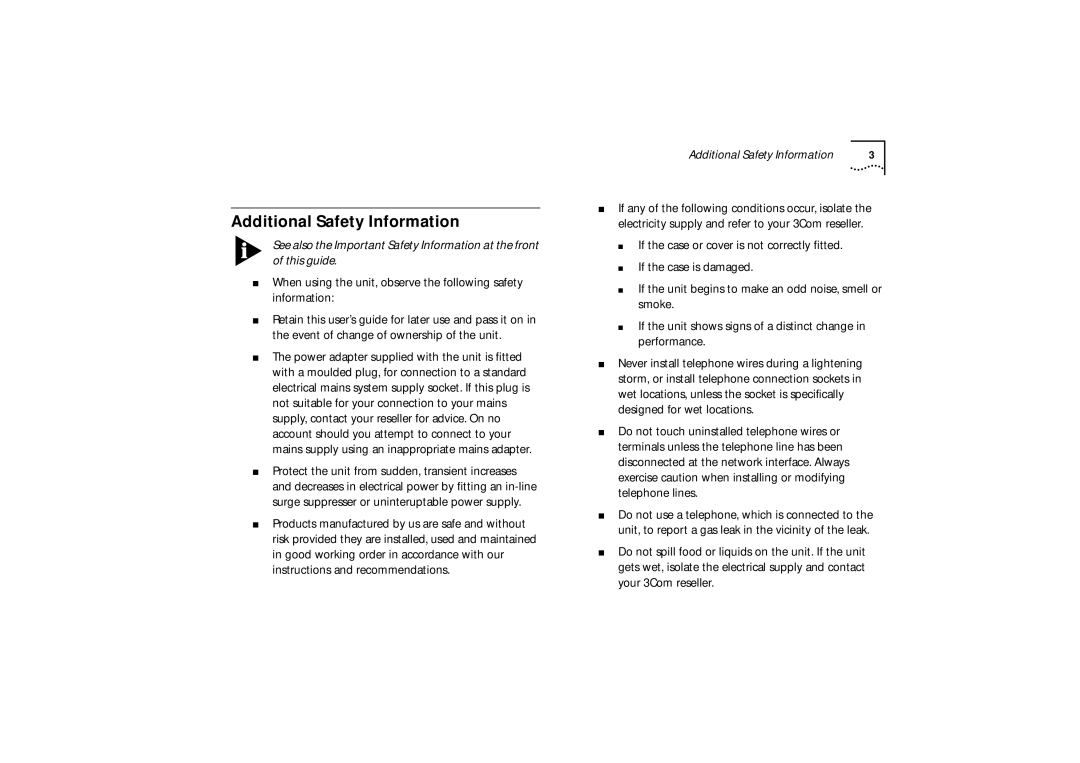 3Com 520, 510, 530 manual Additional Safety Information 