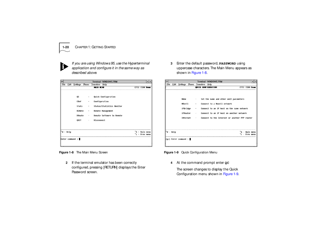 3Com 520, 510, 530 manual At the command prompt enter QC, Main Menu Screen 