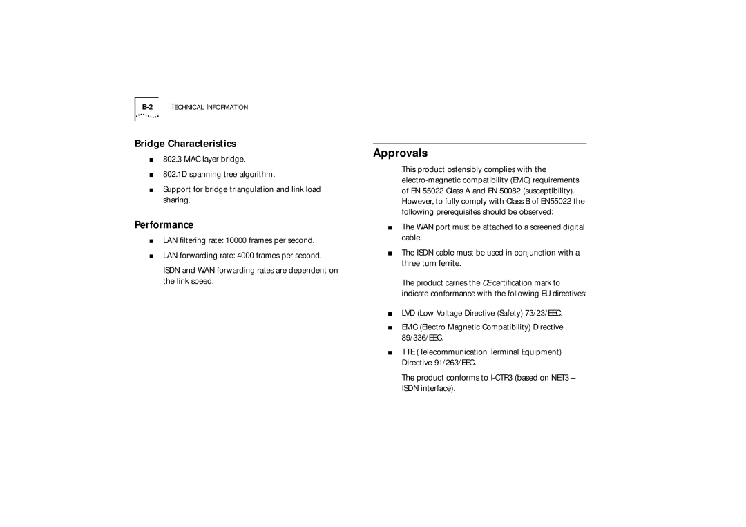 3Com 510, 520, 530 manual Approvals, Bridge Characteristics, Performance 
