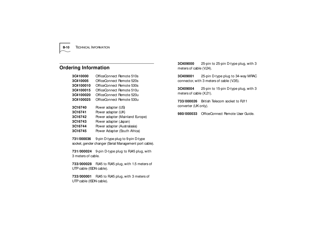 3Com 530, 510, 520 manual Ordering Information 