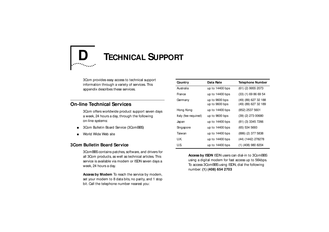 3Com 530, 510, 520 manual Technical Support, On-line Technical Services, 3Com Bulletin Board Service 