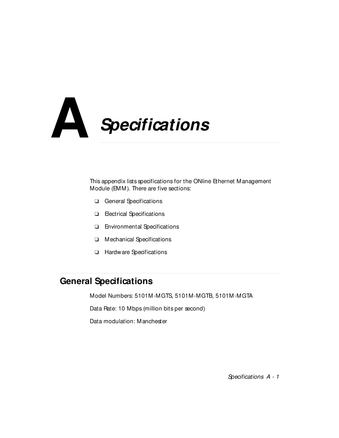 3Com 5101M-MGT installation and operation guide General Specifications 