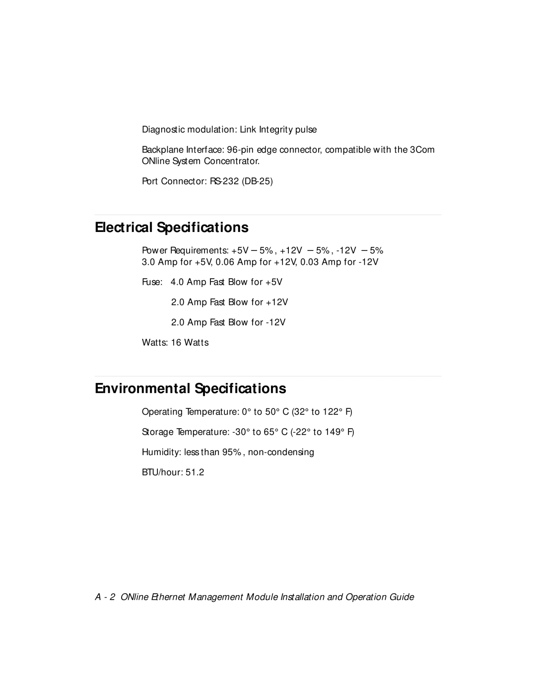 3Com 5101M-MGT installation and operation guide Electrical Specifications, Environmental Specifications 