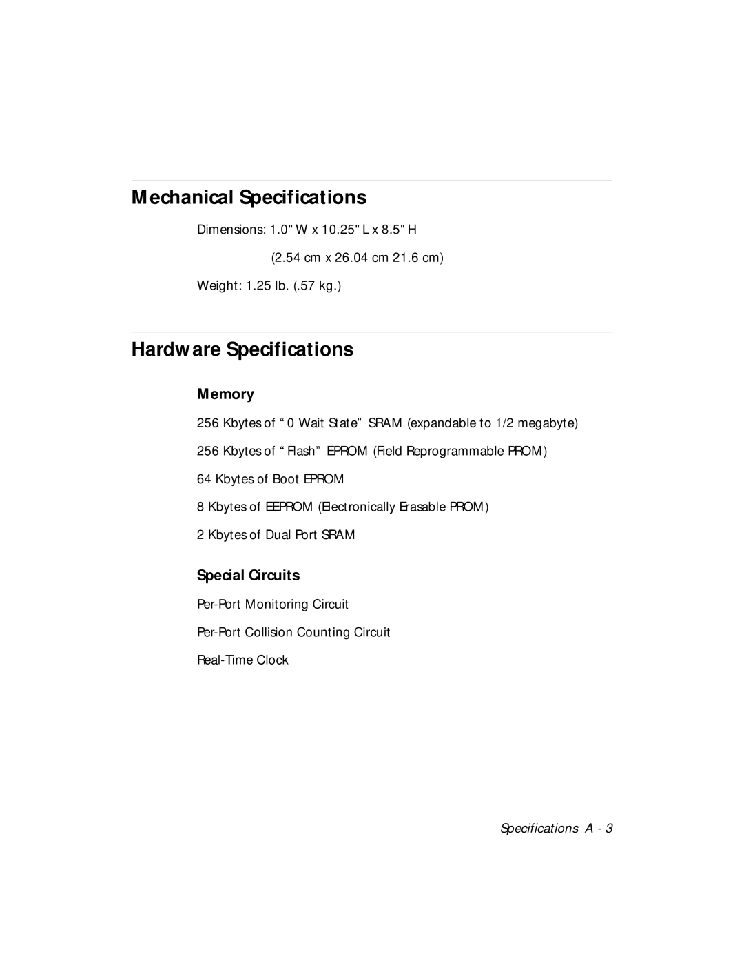 3Com 5101M-MGT Mechanical Specifications, Hardware Specifications, Memory, Special Circuits 