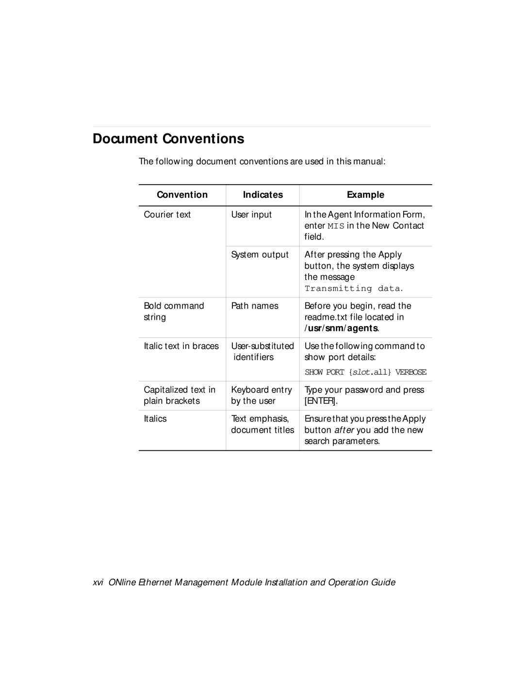 3Com 5101M-MGT installation and operation guide Document Conventions, Convention Indicates Example, Usr/snm/agents 