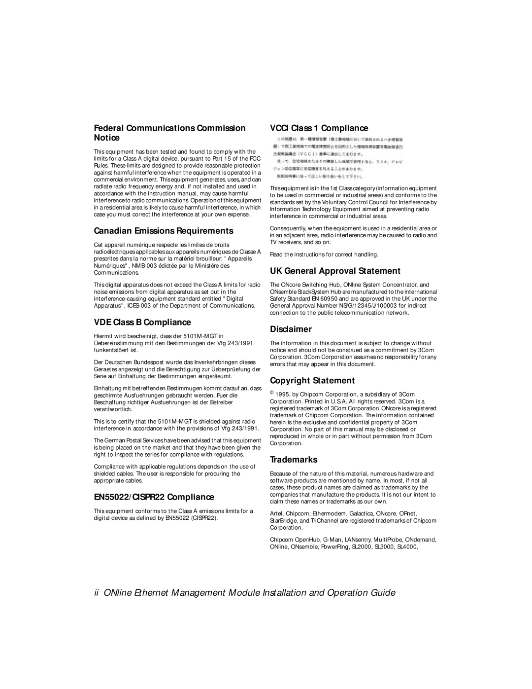 3Com 5101M-MGT installation and operation guide VDE Class B Compliance 