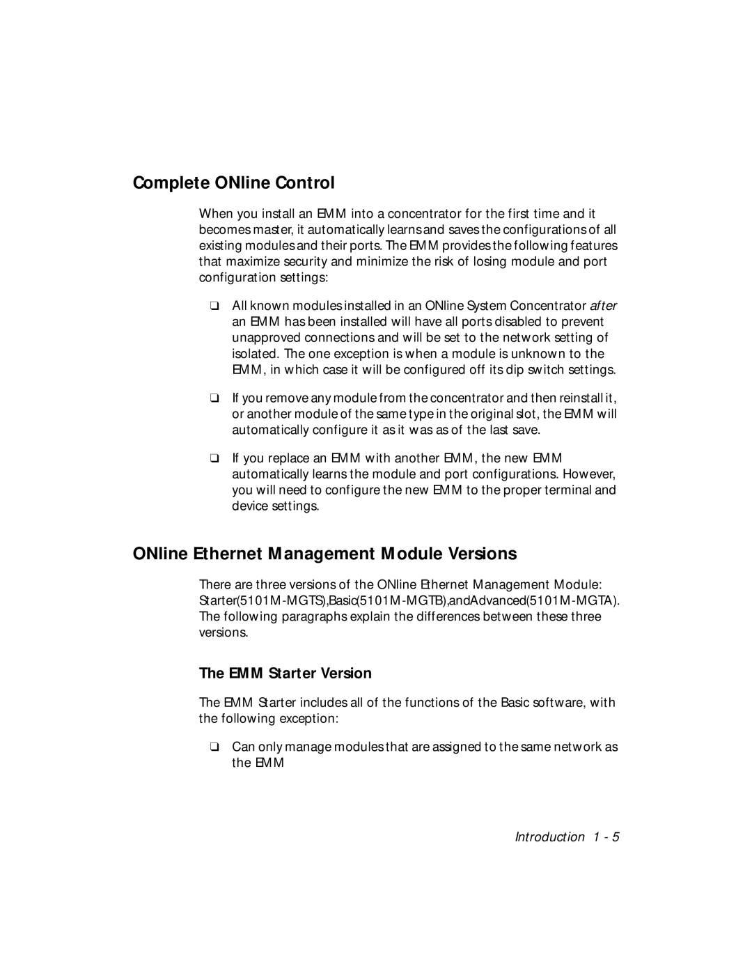 3Com 5101M-MGT Complete ONline Control, ONline Ethernet Management Module Versions, EMM Starter Version 