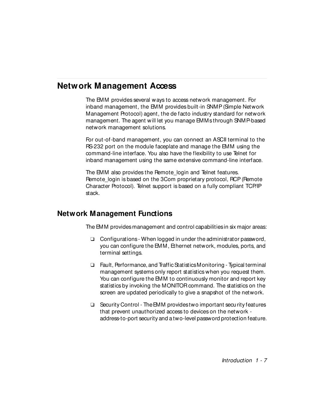 3Com 5101M-MGT installation and operation guide Network Management Access, Network Management Functions 