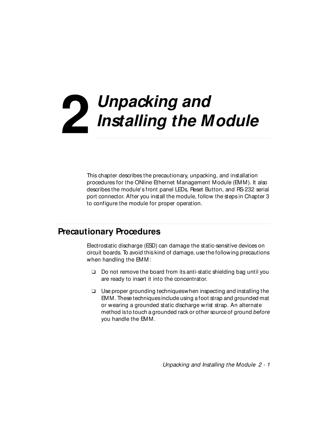 3Com 5101M-MGT installation and operation guide Unpacking and Installing the Module, Precautionary Procedures 