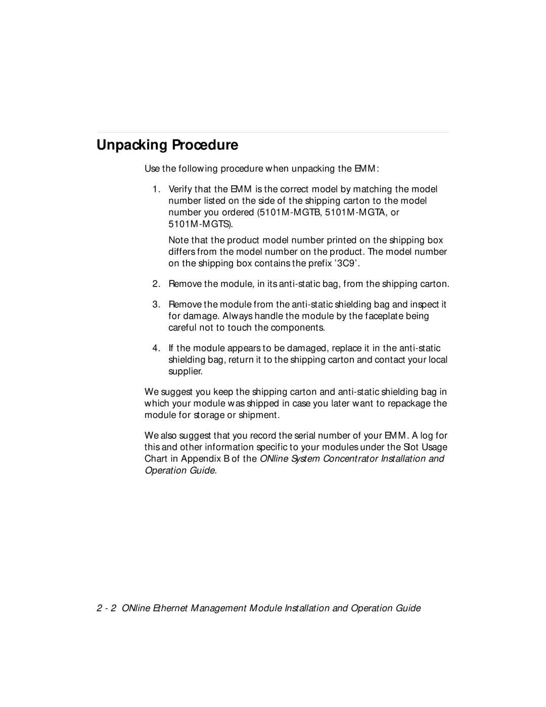 3Com 5101M-MGT installation and operation guide Unpacking Procedure 