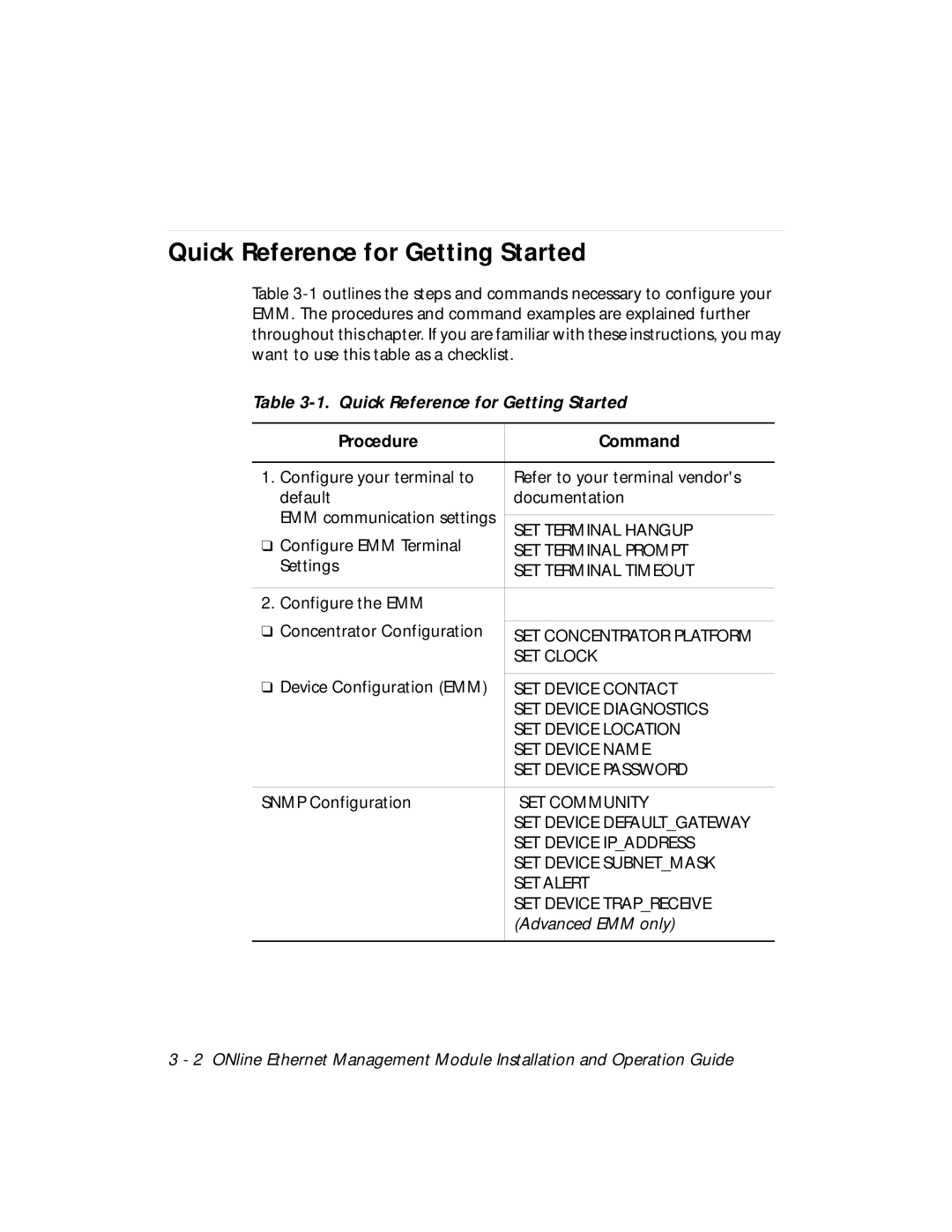 3Com 5101M-MGT installation and operation guide Quick Reference for Getting Started, Procedure Command 