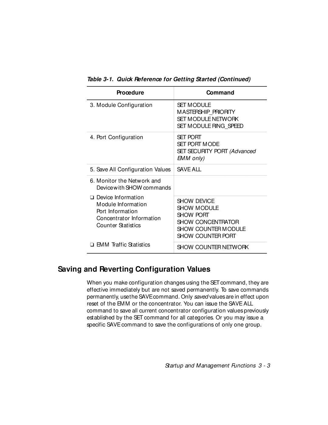 3Com 5101M-MGT installation and operation guide Saving and Reverting Configuration Values, EMM only 