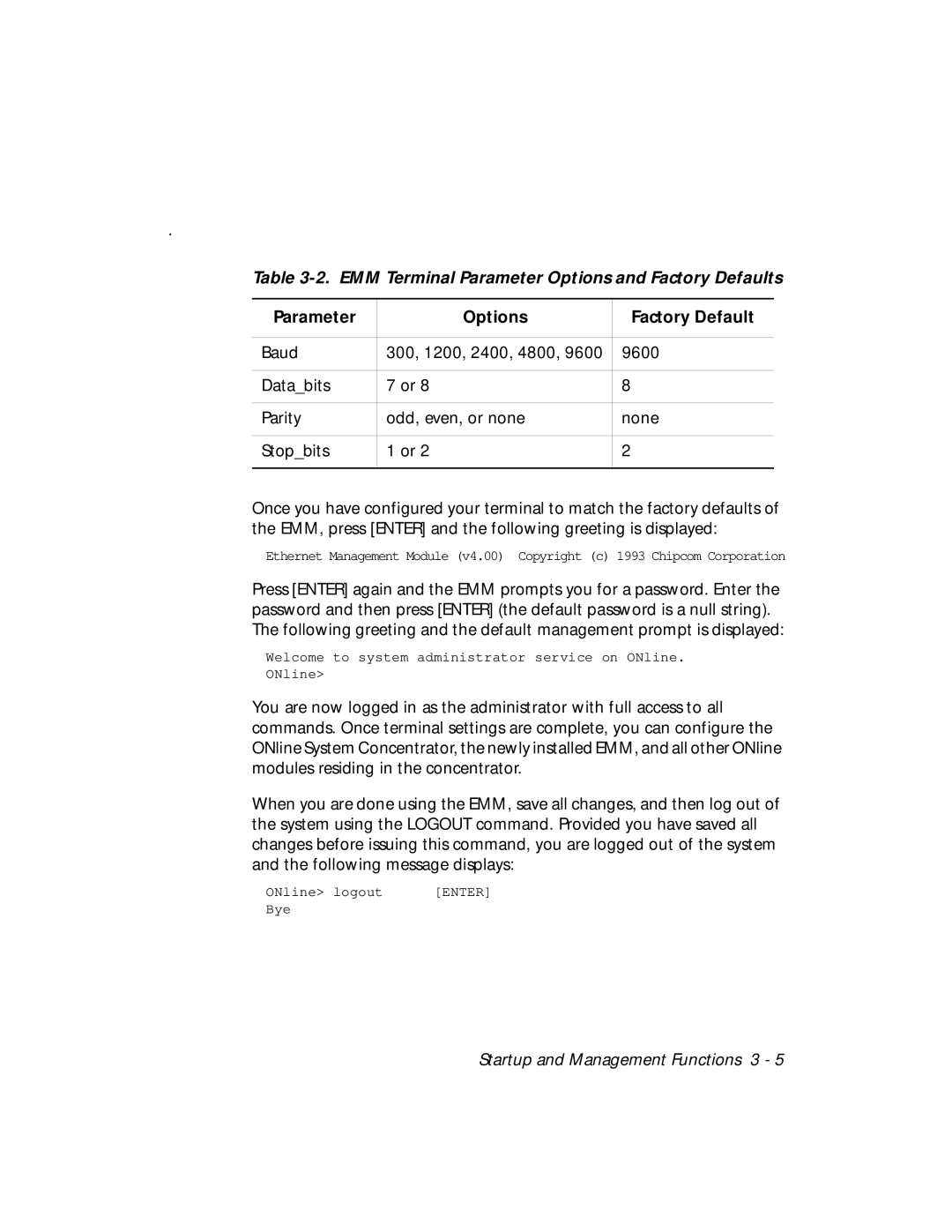 3Com 5101M-MGT EMM Terminal Parameter Options and Factory Defaults, Parameter Options Factory Default 