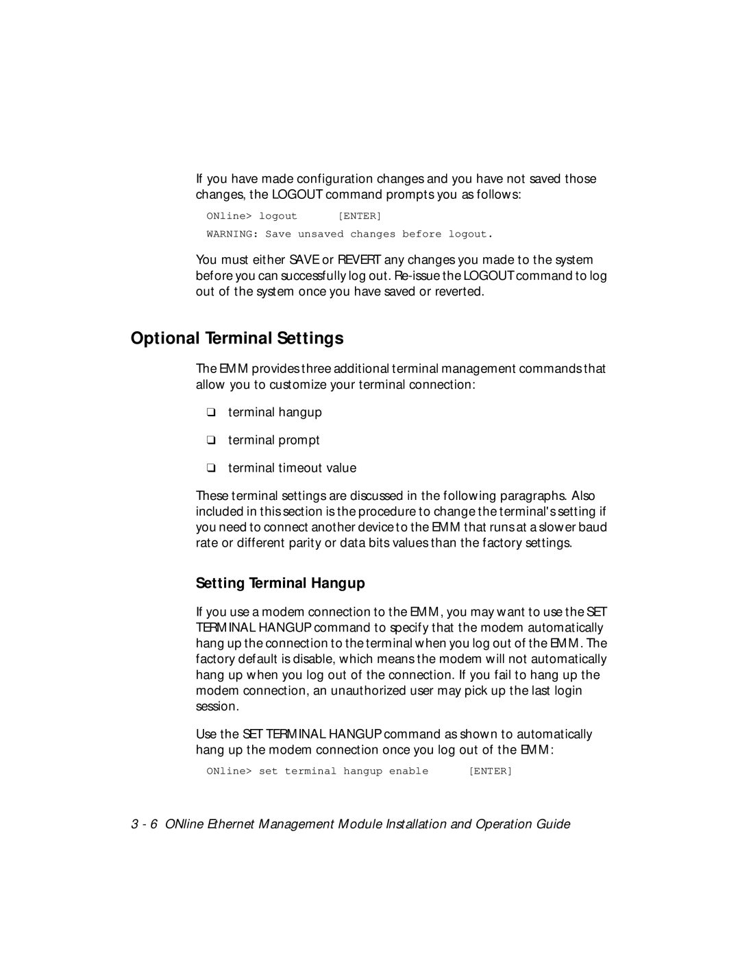 3Com 5101M-MGT installation and operation guide Optional Terminal Settings, Setting Terminal Hangup 