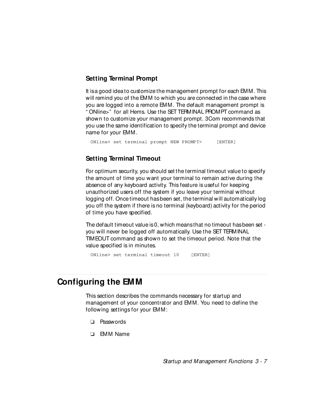 3Com 5101M-MGT installation and operation guide Configuring the EMM, Setting Terminal Prompt, Setting Terminal Timeout 