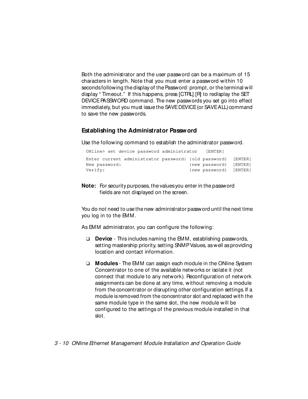 3Com 5101M-MGT installation and operation guide Establishing the Administrator Password 