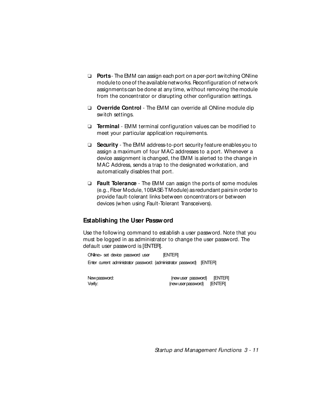 3Com 5101M-MGT installation and operation guide Establishing the User Password 