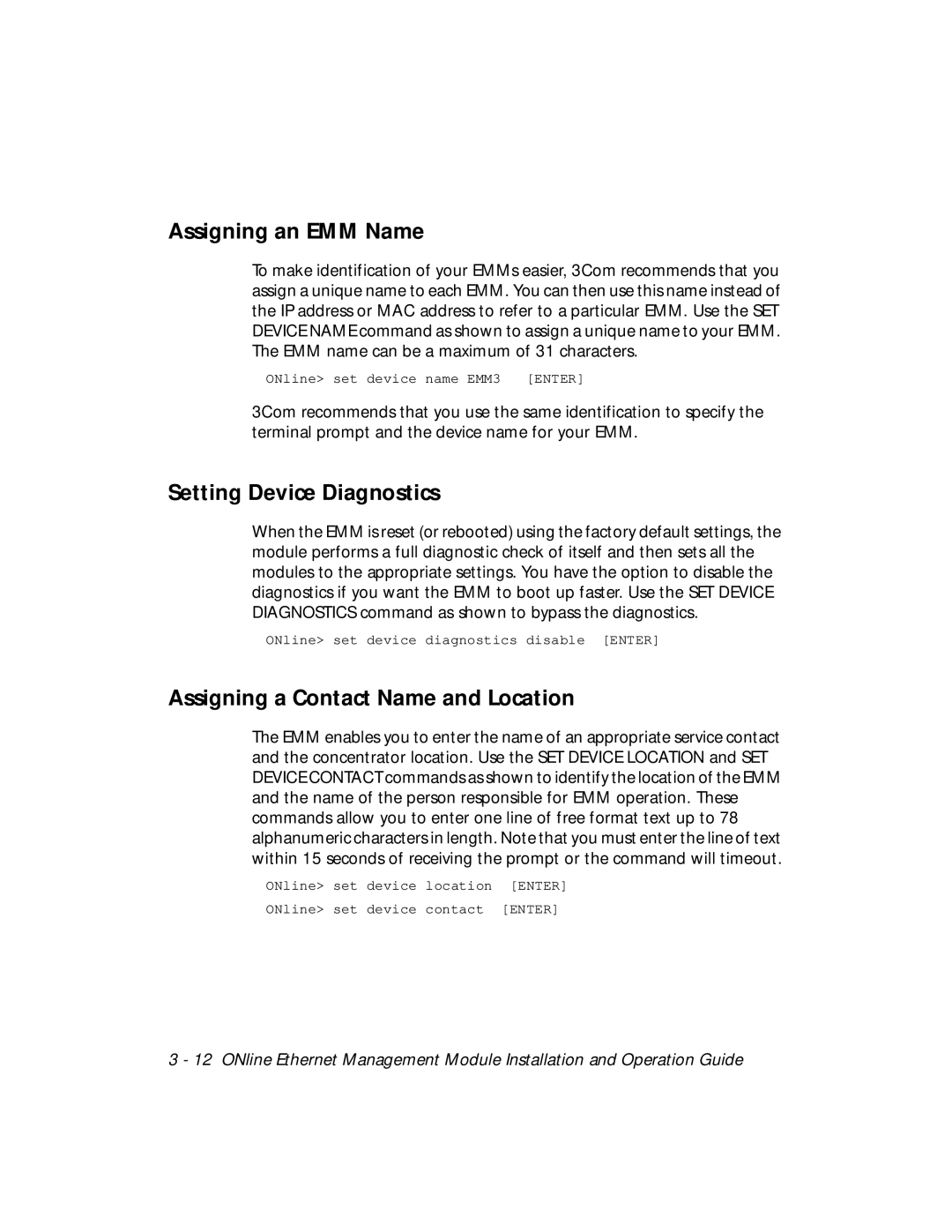 3Com 5101M-MGT Assigning an EMM Name, Setting Device Diagnostics, Assigning a Contact Name and Location 