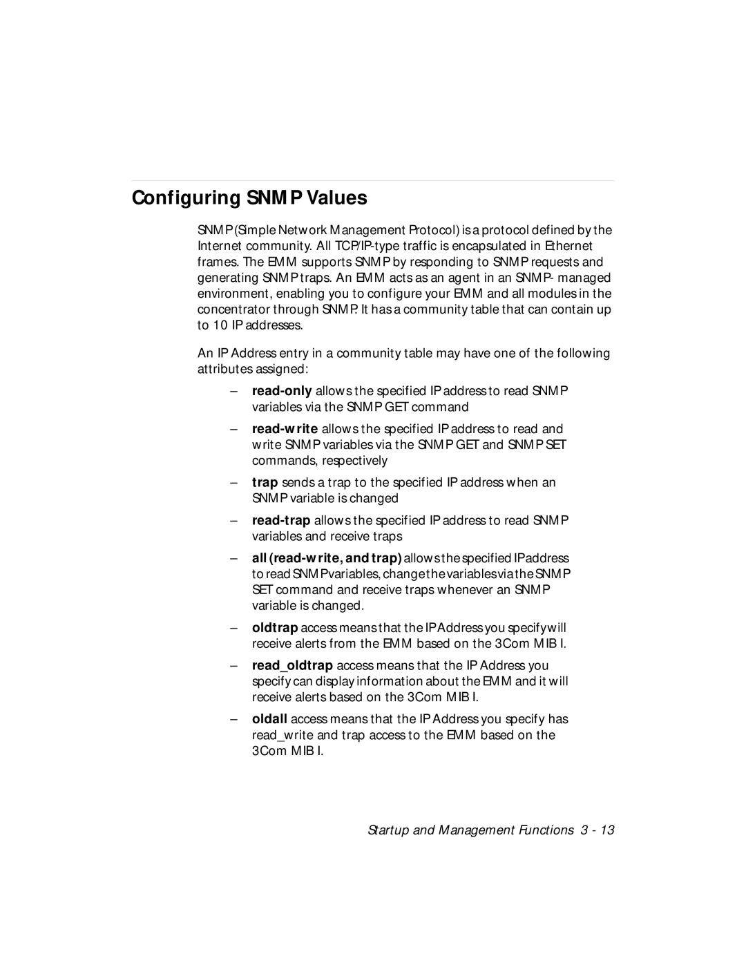 3Com 5101M-MGT installation and operation guide Configuring Snmp Values 