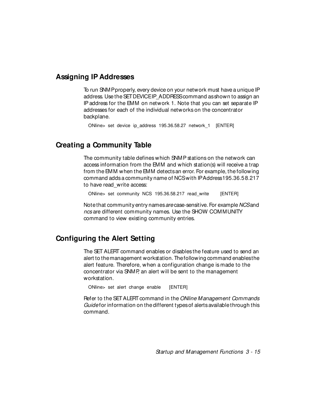 3Com 5101M-MGT Assigning IP Addresses, Creating a Community Table, Configuring the Alert Setting 