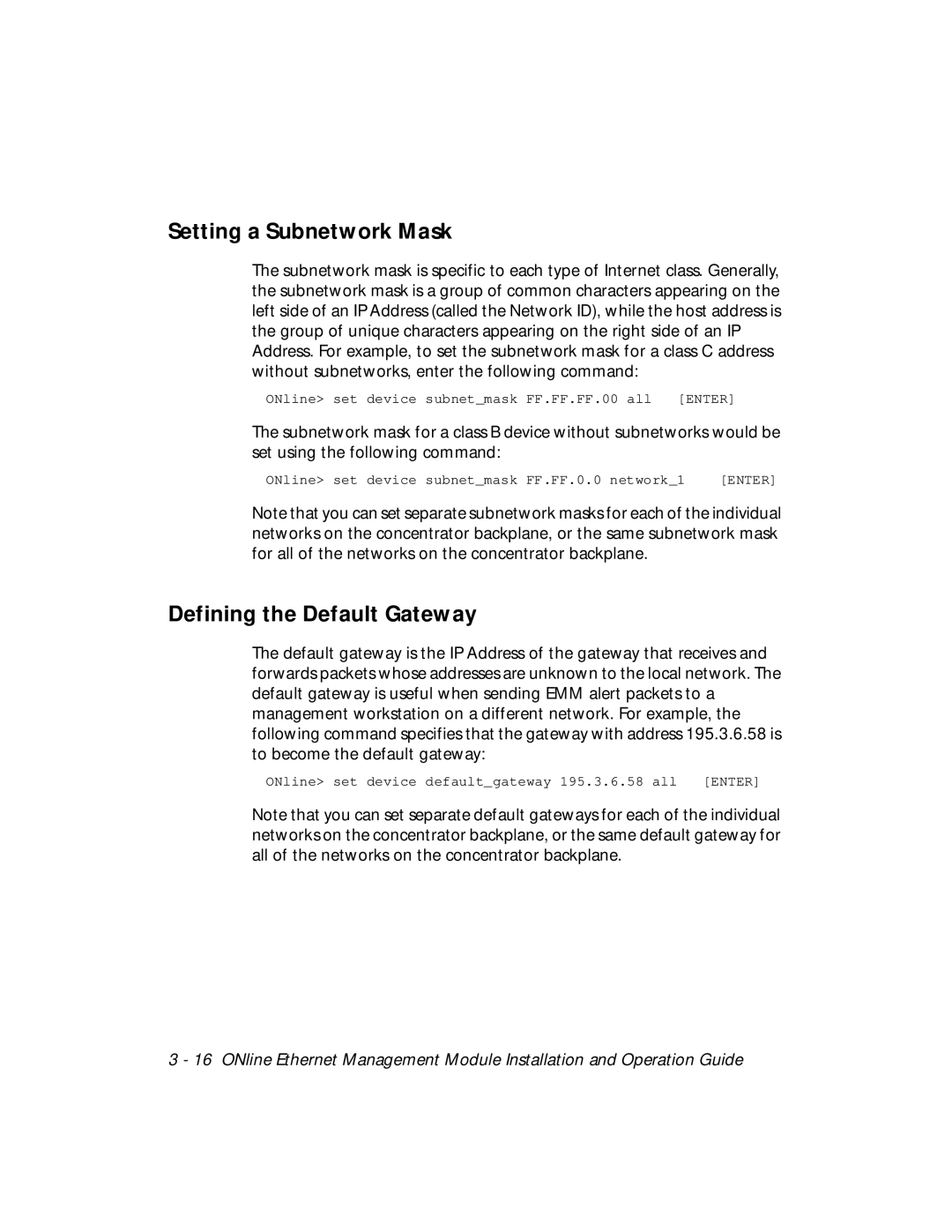 3Com 5101M-MGT installation and operation guide Setting a Subnetwork Mask, Defining the Default Gateway 