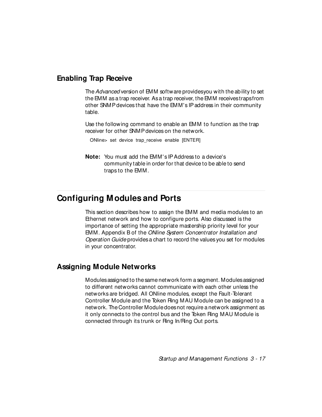 3Com 5101M-MGT Configuring Modules and Ports, Enabling Trap Receive, Assigning Module Networks 