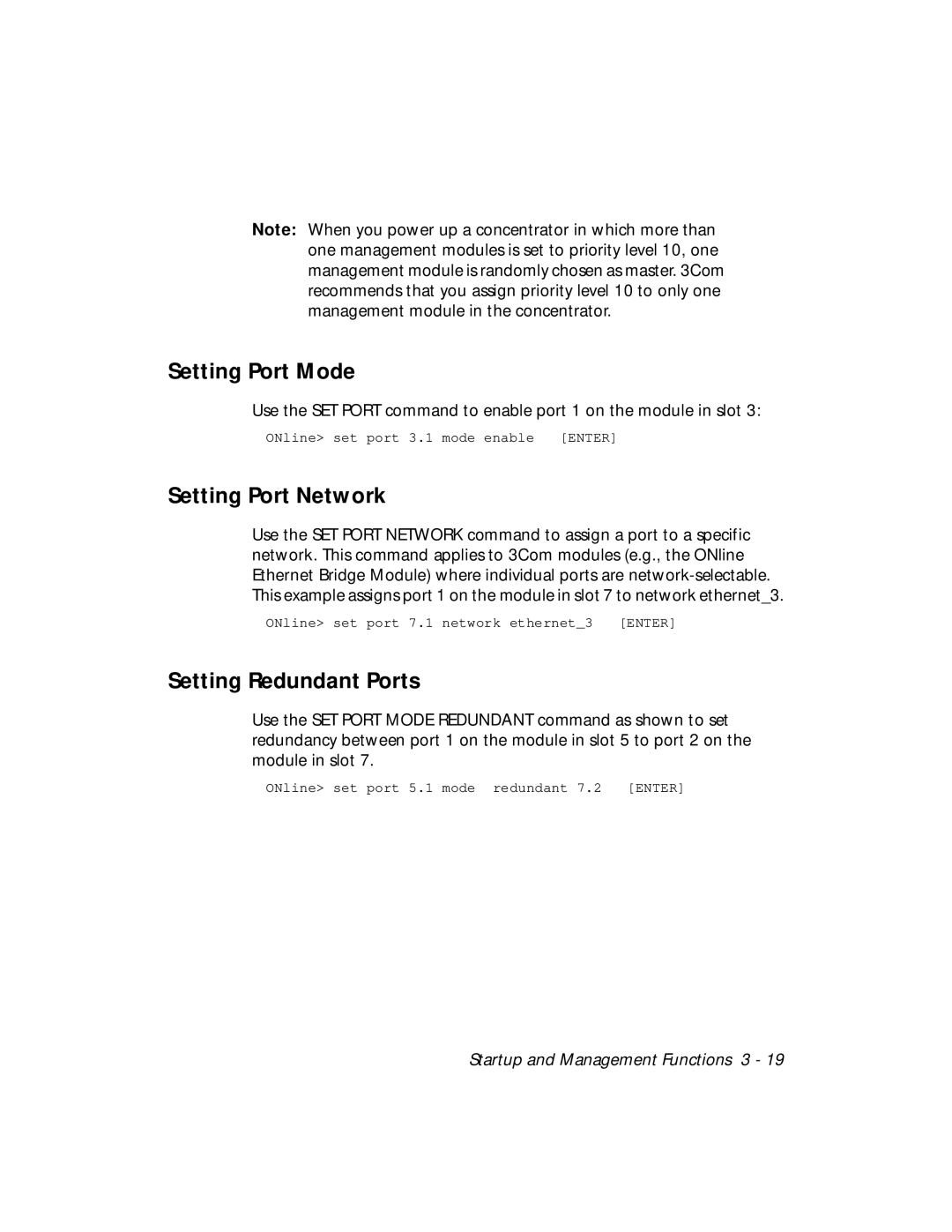 3Com 5101M-MGT installation and operation guide Setting Port Mode, Setting Port Network, Setting Redundant Ports 