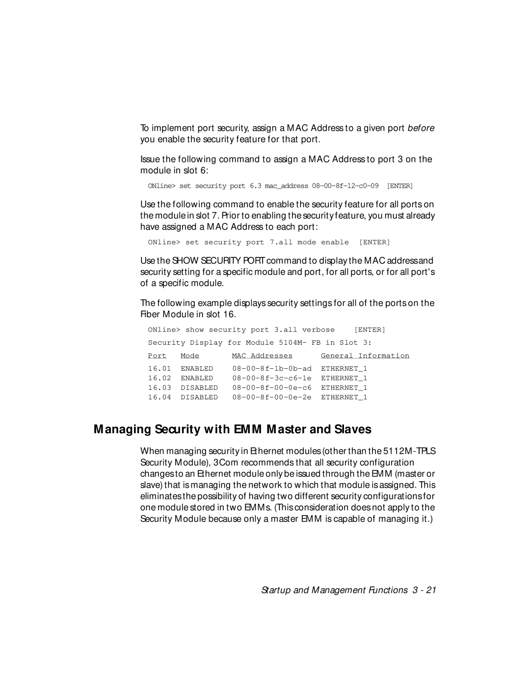 3Com 5101M-MGT installation and operation guide Managing Security with EMM Master and Slaves 