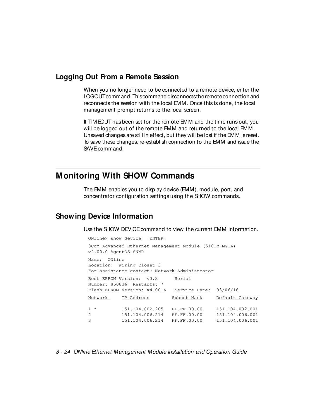 3Com 5101M-MGT Monitoring With Show Commands, Logging Out From a Remote Session, Showing Device Information 