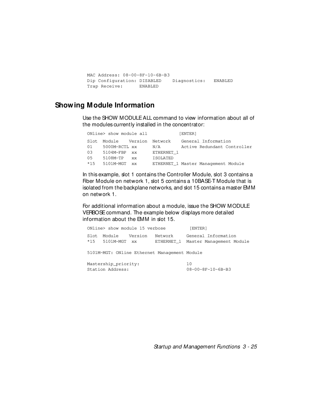 3Com 5101M-MGT installation and operation guide Showing Module Information 