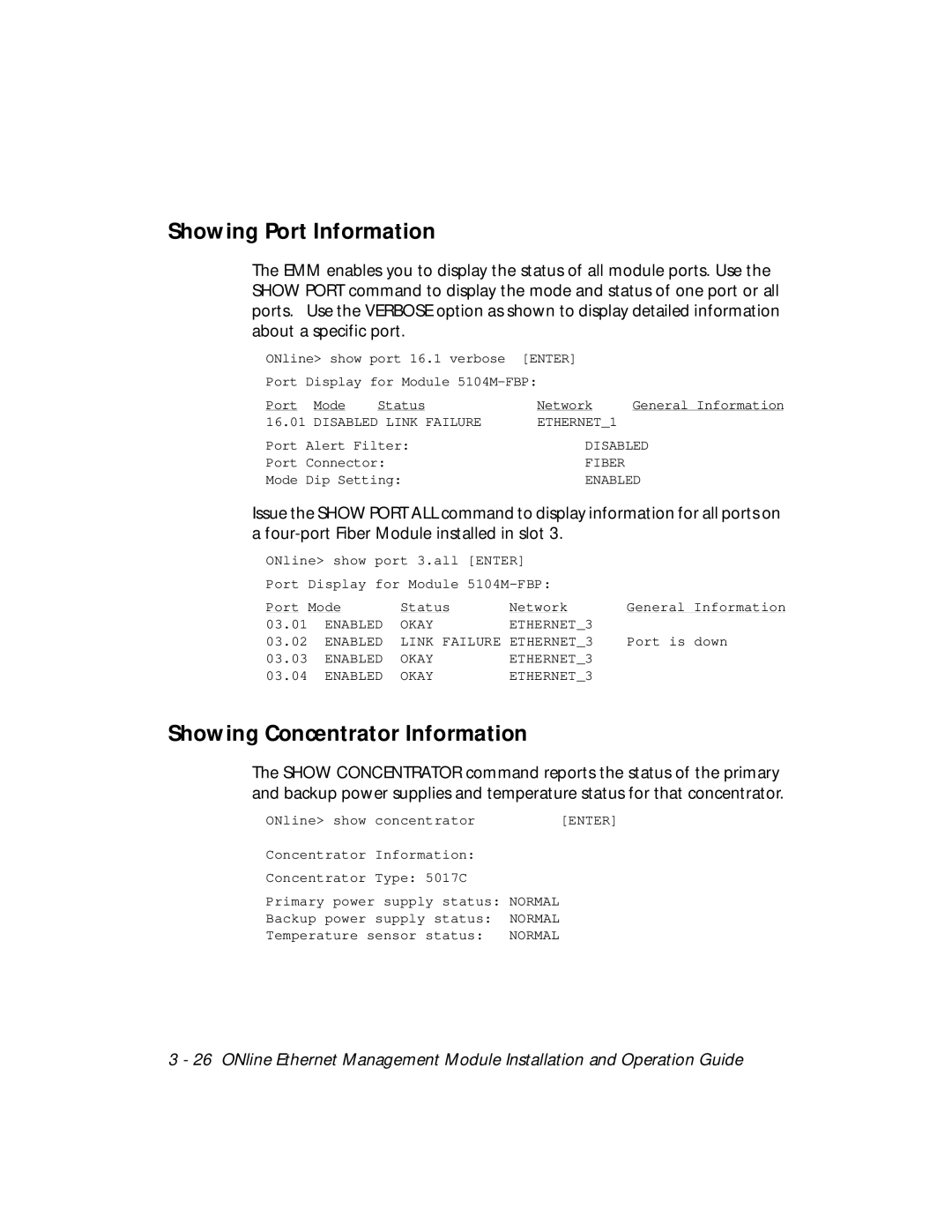 3Com 5101M-MGT installation and operation guide Showing Port Information, Showing Concentrator Information 