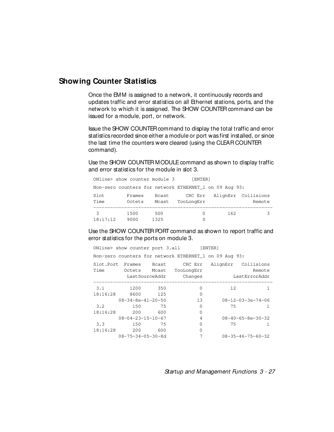 3Com 5101M-MGT installation and operation guide Showing Counter Statistics 