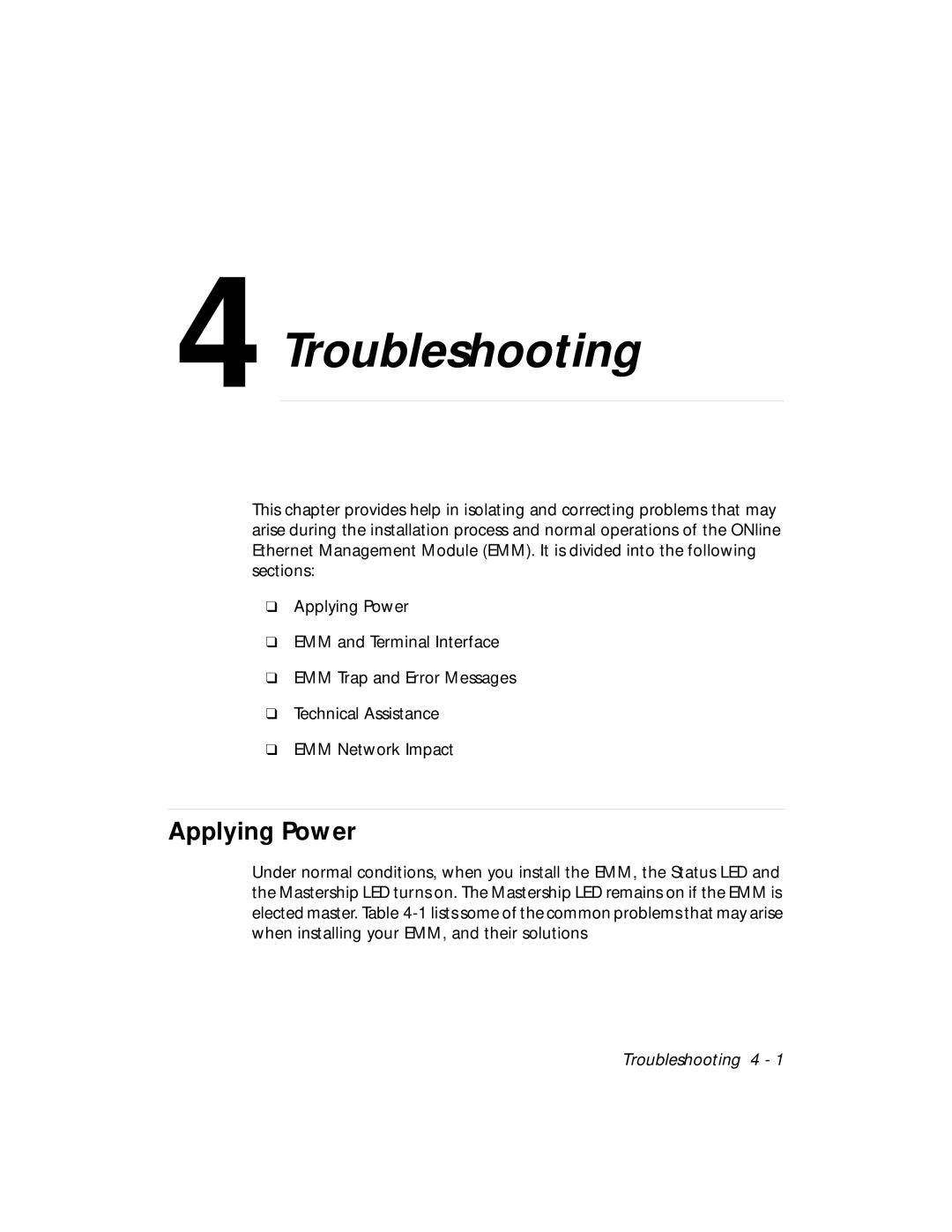 3Com 5101M-MGT installation and operation guide Troubleshooting, Applying Power 