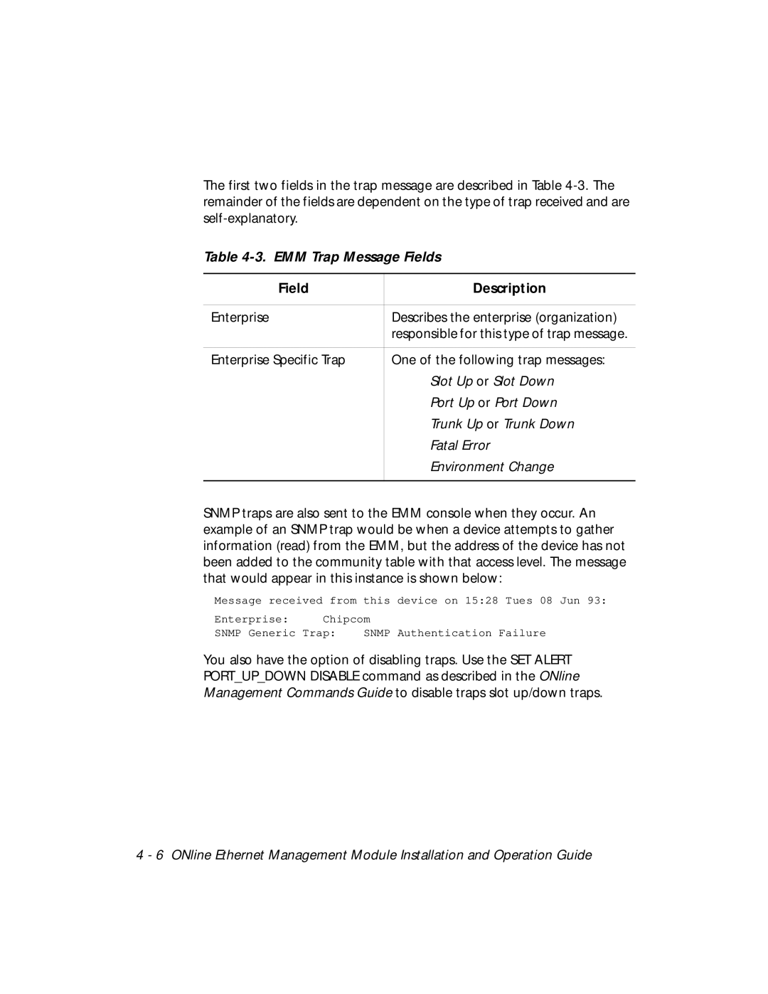 3Com 5101M-MGT installation and operation guide EMM Trap Message Fields, Field Description 