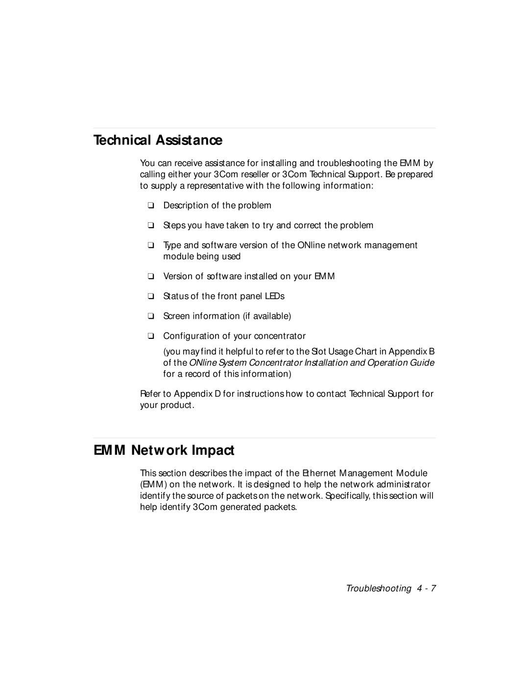 3Com 5101M-MGT installation and operation guide Technical Assistance, EMM Network Impact 